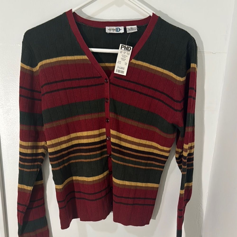 Paul Harris Vintage Design Red and Green Striped Cardigan Sweater Size XL NWT